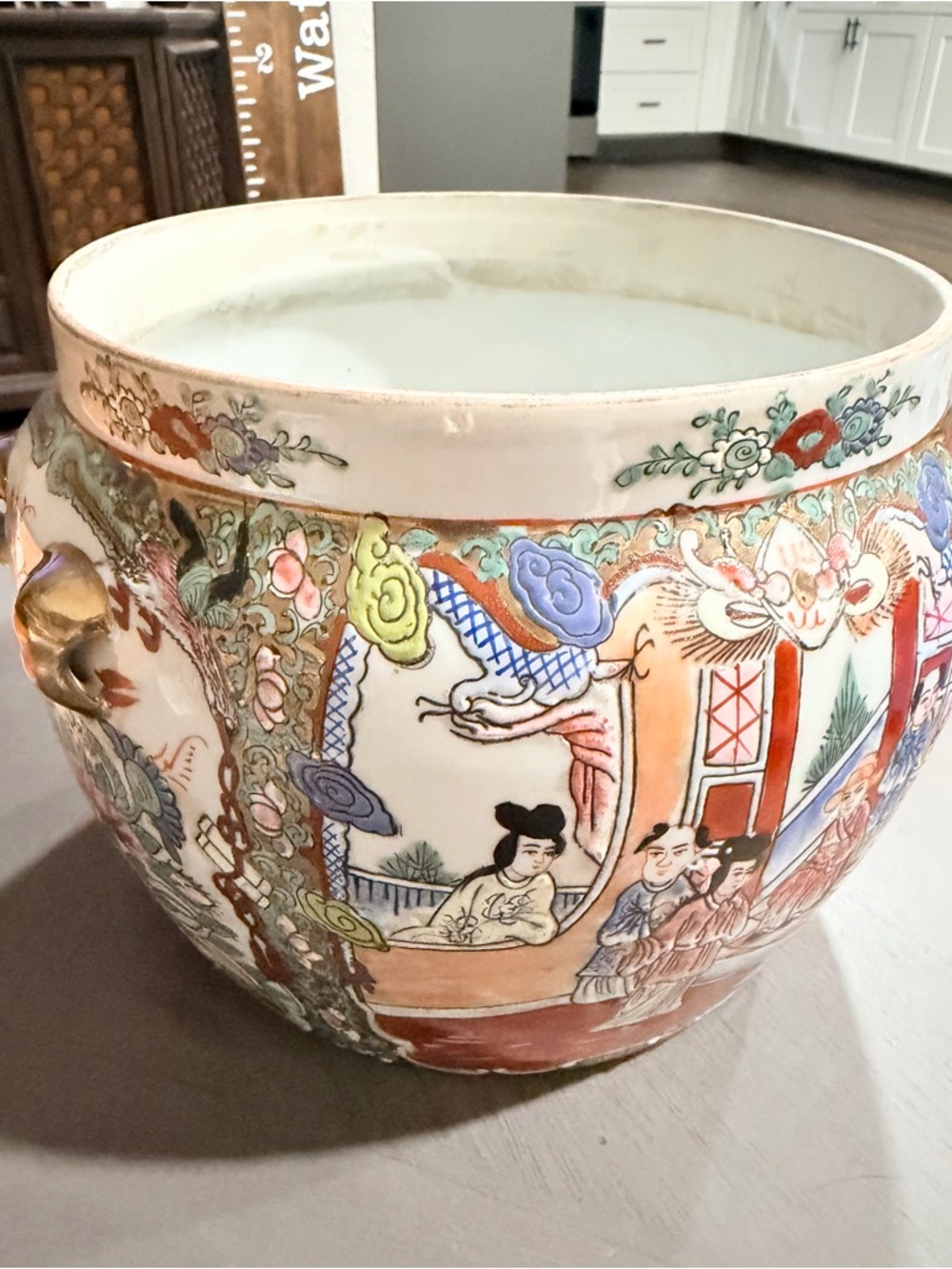 Antique Hand-Painted Floral Asian Ceramic Planter in Multicolor